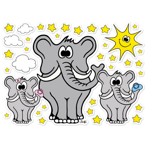 ELEPHANT WITH BABIES, SUN, CLOUDS AND STARS Wall Stickers