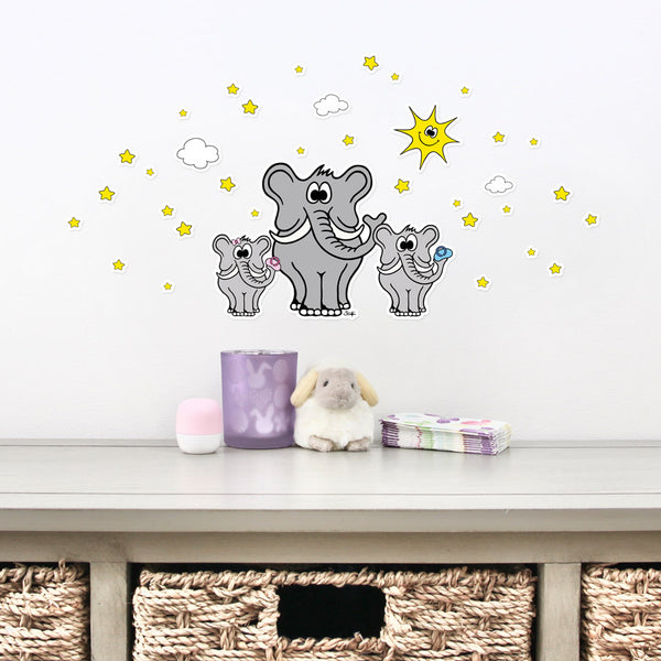 ELEPHANT WITH BABIES, SUN, CLOUDS AND STARS Wall Stickers